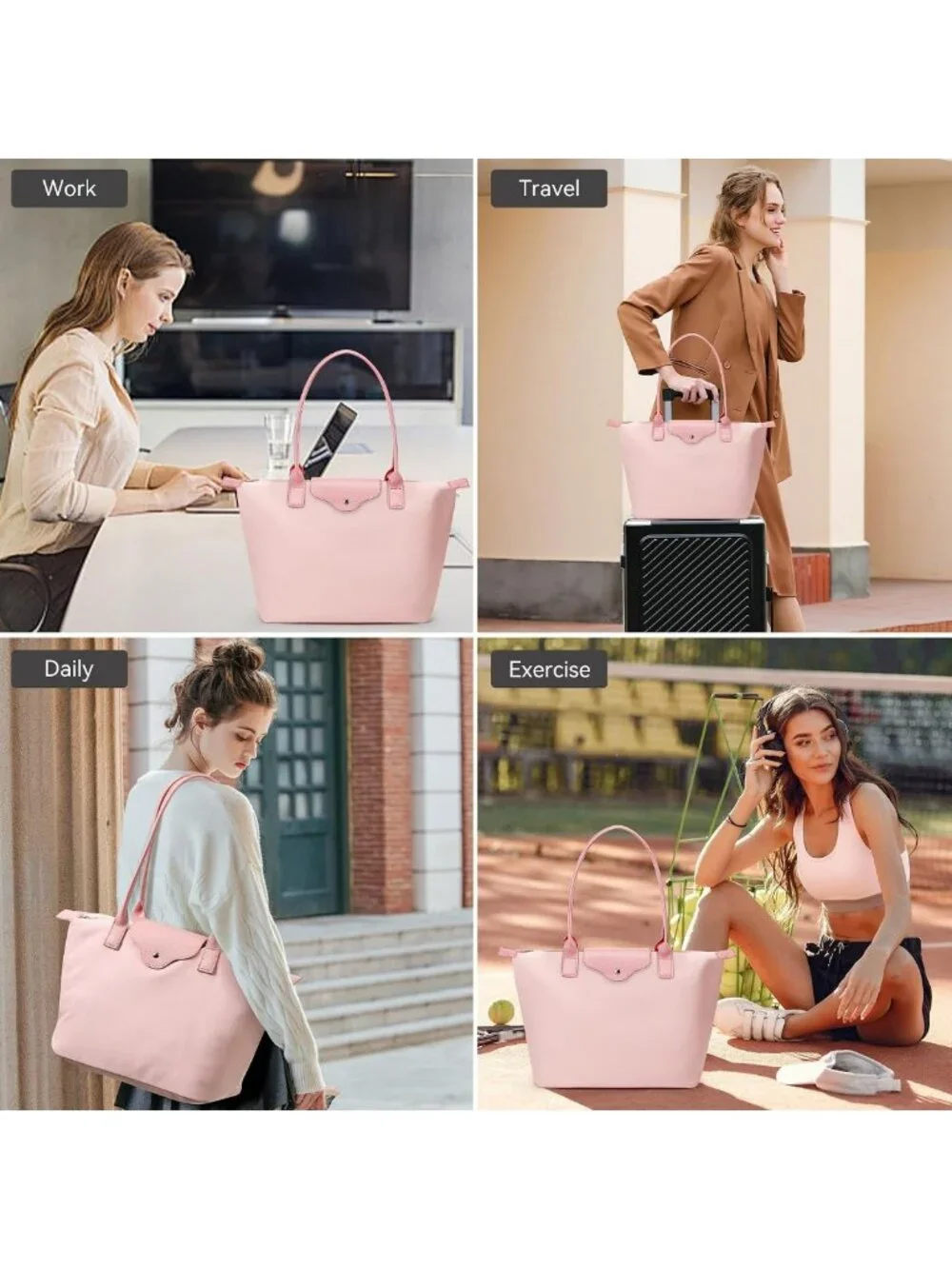 Spacious Nylon Tote Bag for Women, Large Capacity Foldable Hobo Purse, Pink